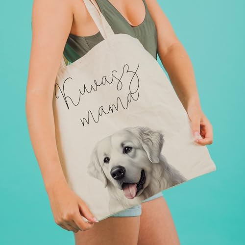 Dog Mom Canvas Tote Bag for Women, Reusable Cotton Shoulder Bag, Dog Lover Gift, Mother’s Day Pet Mom Shopping Tote - color: Kuvasz