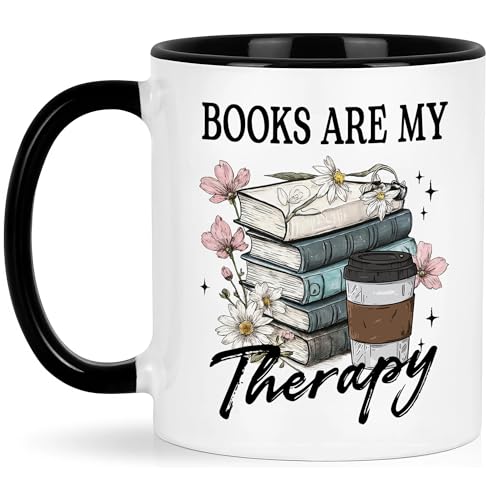 Book Lover Gifts - Books Are My Therapy Mugs with Black Handle, Bookish Coffee Mug with Stacked Book Design, Birthday, Christmas Gift for Books Lovers Women, Bookworm Mugs for Readers - color: Book with Black Handle
