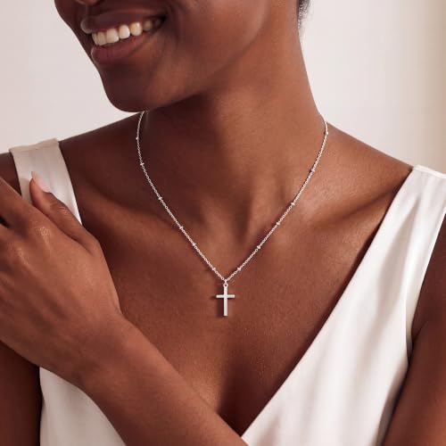 S925 Sterling Silver Over Cross Necklace for Women 1.5mm Bead Chain