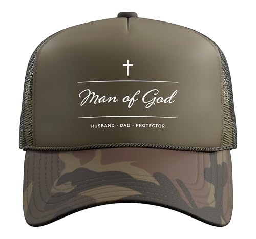 Father's Day Husband Dad Protector Christian Dad Man of God Trucker Hat with Adjustable Mesh Back - color: Camo Green