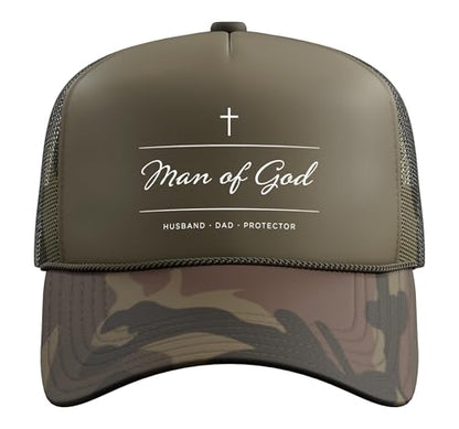 Father's Day Husband Dad Protector Christian Dad Man of God Trucker Hat with Adjustable Mesh Back - color: Camo Green