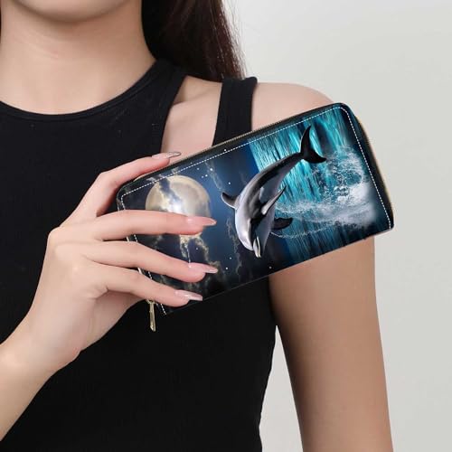 Dolphin Under The Moon Print Wallet for Women Large Capacity Wallet Credit Card Holder PU Leather Zipper Clutch Purse Phone Wallet - color: Dolphin Under The Moon