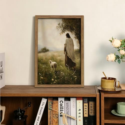 Good Shepherd Jesus Wall Art Framed Canvas Print, Christian Lamb Painting Poster Picture, Vintage Religious Faith Based Artwork Wall Decor for Living Room Bedroom Church Home Decor 16x24 Inch - color: A-Jesus, size: 24"L x 16"W