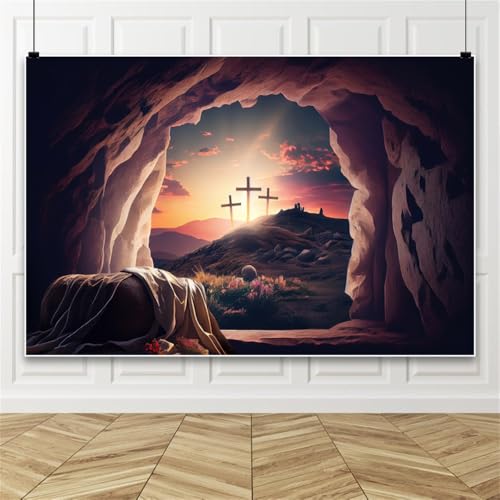 Easter Backdrop for Church,10x8ft, Jesus Christ Cross Easter Backdrops for Photography, Risen Easter Banner, Resurrection of Jesus Shroud Crucifixion Mountain Easter Photo Backdrop - size: 10x8ft