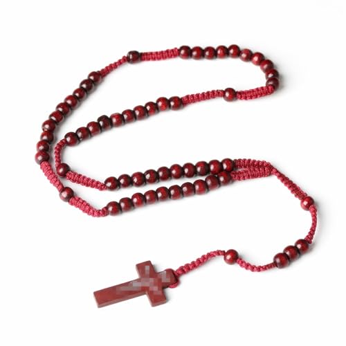 Natural Wood Beaded Cross Rosary Necklace Boho Handmade 8MM Wooden Beads with Jesus Cross Lightweight Rope Necklace for Men Women Religious Christian Prayer Fashion Jewelry Gifts - color: Wine red