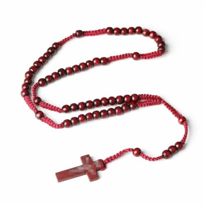 Natural Wood Beaded Cross Rosary Necklace Boho Handmade 8MM Wooden Beads with Jesus Cross Lightweight Rope Necklace for Men Women Religious Christian Prayer Fashion Jewelry Gifts - color: Wine red