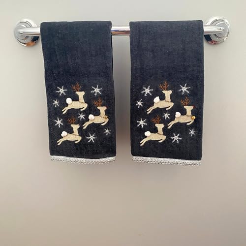 Christmas Grey Guest Hand Bathroom Towels, Elegant Winter Reindeer, 16x26" - color: Dancing Reindeer