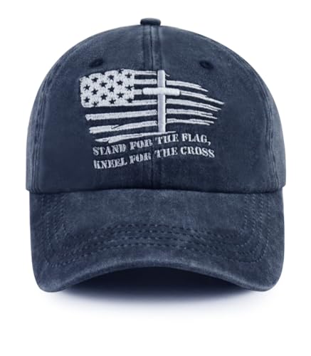 Christian Jesus Cross Hats for Men, Stand for The Flag Kneel for The Cross Baseball Cap - color: Navy