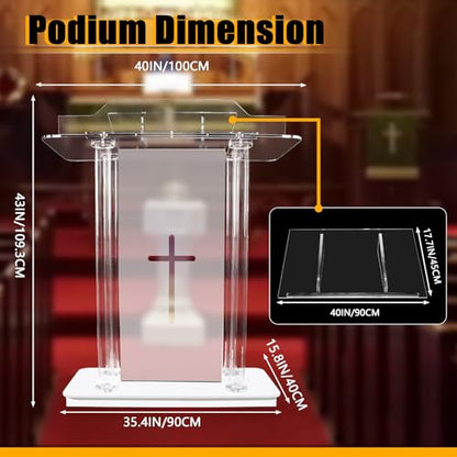 Church Pulpit with 15 Colors Adjustable and 4 Flashing Models, 46” Clear Acrylic Podium with 4 Wheels & Vertical Reading Platform, Lecterns for Churches, Classroom (39.4”L*15.7”W *44”H)