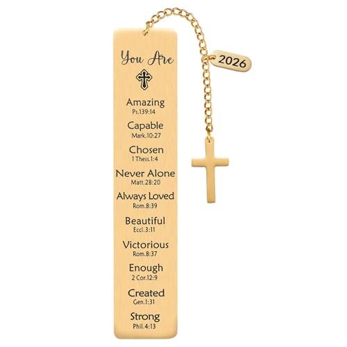 2026 Religious Bible Verses Bookmark with Cross Charm, Faith-Based Gift for Readers, Stainless Steel Christian Affirmation Book Mark, Bible Confirmation Accessories for Him Her, Gold - style: Gold