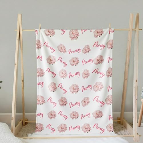 Personalized Floral Name Blanket, Custom Floral Name Design Peony, Soft Nursery Throw, Newborn Birthday Baptism Christening Keepsake - color: #Ver7