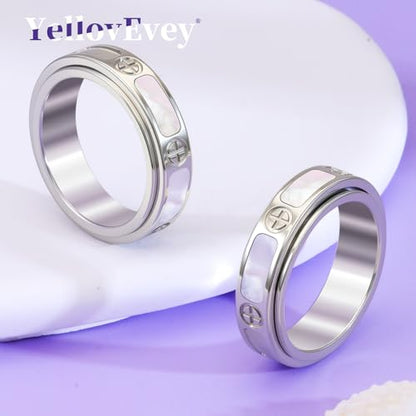 Fidget Ring for Women - Mother of Pearl Shell Cross 18K Gold Plated Love Ring Anxiety Relief Non Tarnish Stainless Steel Stackable Engagement Band - color: Silver, size: 6