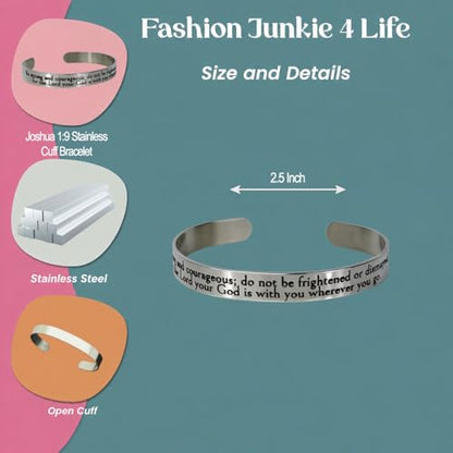 FashionJunkie4Life 925 Sterlin Silver and Stainless Steel Open Cuff Bracelet - color: Joshua 1:9