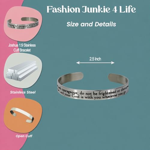 FashionJunkie4Life 925 Sterlin Silver and Stainless Steel Open Cuff Bracelet - color: Joshua 1:9