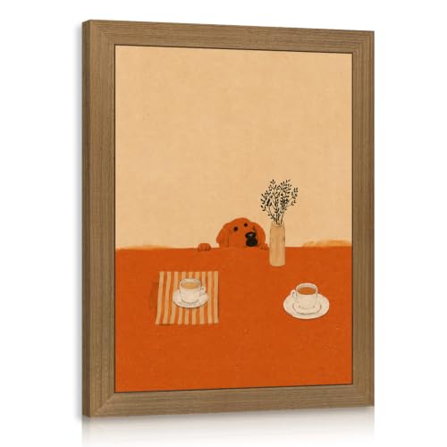 OPFDE Wood Framed Dog Coffee Wall Art, Funny Dog Coffee Bar Poster Print, Minimalist Pet Kitchen Wall Decor, Cozy Animal Illustration Artwork for Dining Room Breakfast Nook Office 8x10 Inch - color: CoffeeDog, size: 10"L x 8"W