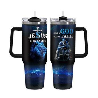 Christian Gifts for Men, 40 oz Religious Tumbler with handle, Child of God, Jesus is My Savior Double Walled Insulated Coffee Mug, Spiritual Man of Faith Fathers Day Birthday Gift for Dad Husband - color: Religious-D-318-X