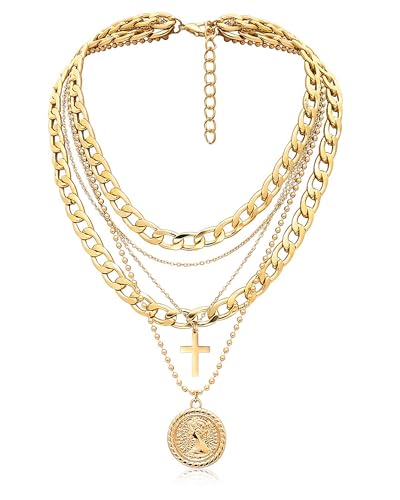 MJartoria Layered Necklaces for Women Trendy Retro Coin Pendant - color: Golden, style: A-Y-Retro Coin-Cross-5 in 1 Layered