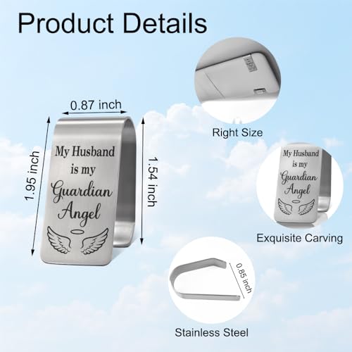 XQLZY My Husband is My Guardian Angel Engraved Stainless Steel Car Visor Clip, Inspirational Guardian Angel Safe Driving Gifts for Wife Couple, Travel Visor Car Accessories, Drive Safe Reminder Gifts - color: Sliver071