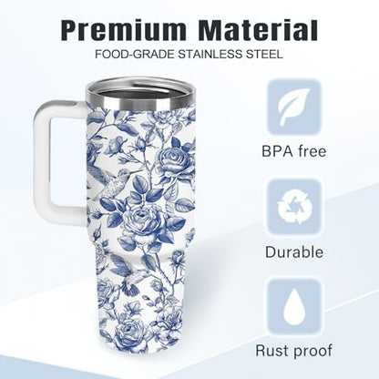 Christian Gifts for Women 40oz Tumbler - Insulated Travel Mug with Handle (Blue Floral1, 40 Ounces) - color: Blue Floral1