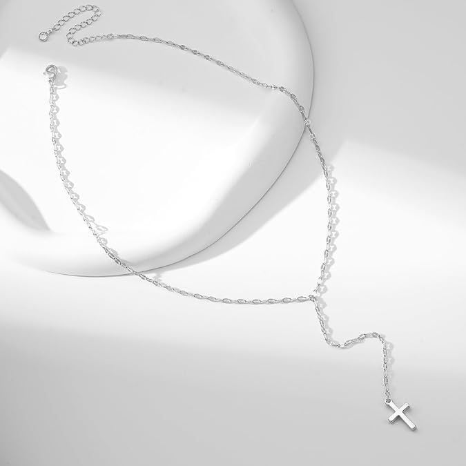 925 Sterling Silver Dainty Cross Lariat Necklace for Women - color: Silver