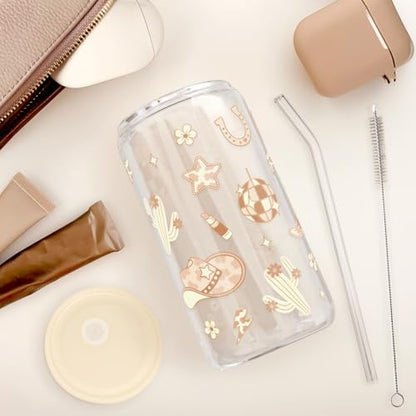 SANDJEST Western Cowgirl 16oz Can Glass Tumbler with Acrylic Lid & Straw, Iced Coffee Cup for Women, Aesthetic Cups Gifts for Birthday Christmas - color: Cowgirl 1