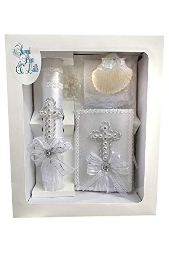 Swea Pea & Lilli White Pearl Cross Baptism Candle Set Kit for Christenings with Shell - Spanish
