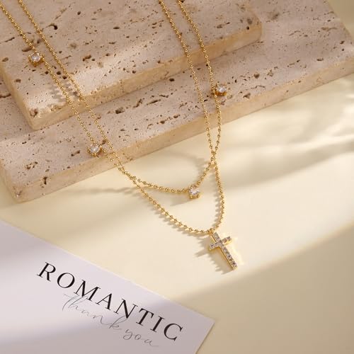 Rotnso Cross Necklace for Women 14K Gold Plated Dainty Small Pendant Choker - style: 2 Layered Bead+Diamond Cross-GD