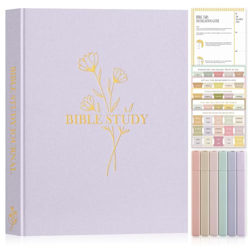 Lanpn Bible Study Journals for Women with Tabs & Highlighters, Church Notes Taking Daily Devotional Journaling, Linen Bible Prayer Guide Notebook Christian Religious Faith Based Gifts, Purple - color: Purple