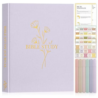 Lanpn Bible Study Journals for Women with Tabs & Highlighters, Church Notes Taking Daily Devotional Journaling, Linen Bible Prayer Guide Notebook Christian Religious Faith Based Gifts, Purple - color: Purple