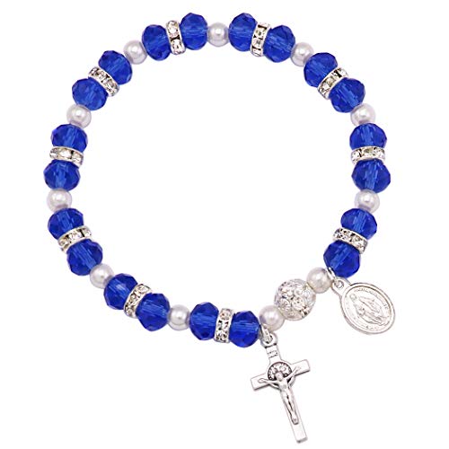 Rosemarie Collections Women's Beaded Stretch Rosary Bracelet with Crucifix and Miraculous Medal - color: Medium Blue