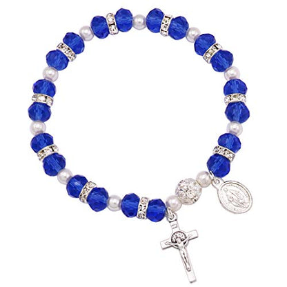 Rosemarie Collections Women's Beaded Stretch Rosary Bracelet with Crucifix and Miraculous Medal - color: Medium Blue