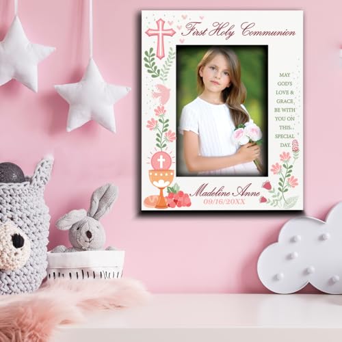 BELLA BUSTA-Personalize My First Holy Communion Theme Picture frame-Cross and Chalice, Religion, Christian Traditions Occasion-UV Print (5x7 Vertical (Girl)) - color: 5x7 Vertical (Girl)