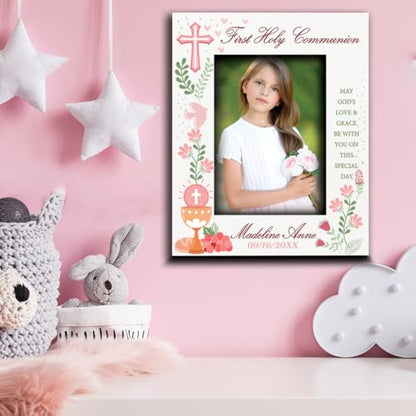 BELLA BUSTA-Personalize My First Holy Communion Theme Picture frame-Cross and Chalice, Religion, Christian Traditions Occasion-UV Print (5x7 Vertical (Girl)) - color: 5x7 Vertical (Girl)
