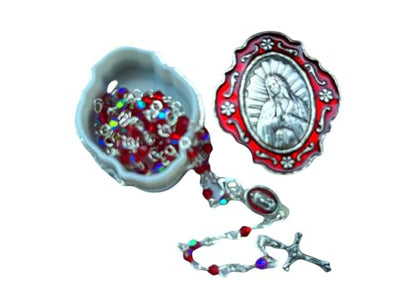 Catholic Silver Linked Rosary Set – 3mm Beads, 14.25" Length, Metal Keepsake Gift Box with Enamel Inlay – Perfect First Communion Gift (Lady of Guadalupe) - color: Lady of Guadalupe