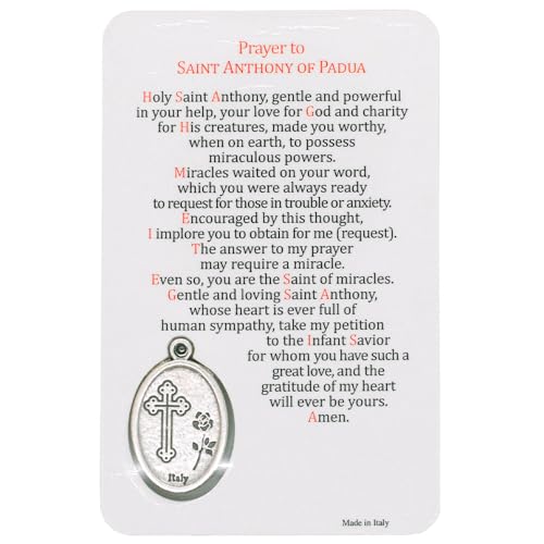 Holy Prayer Card with Built-In Medal Pendant | Laminated Full-Color Prayer Card | Great Variety | Great Christian Gift for First Communion and Confirmation (Saint Anthony Prayer Card with Medal) - color: Saint Anthony Prayer Card with Medal