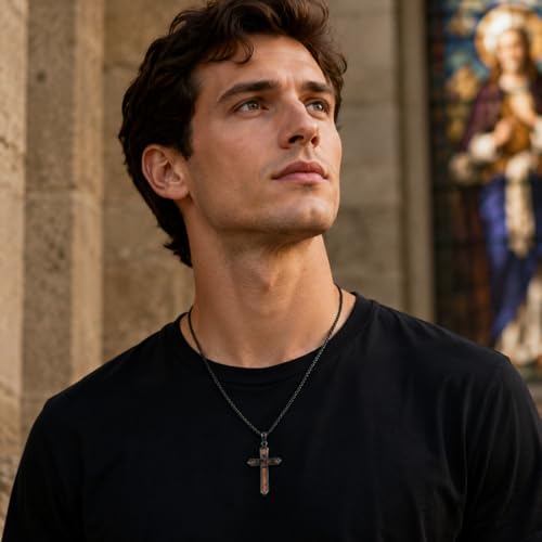 Cross Necklace for Men 925 Sterling Silver Cross Ebony Wooden Ankh Raven Praying Hands Crucifix Amulet Religious Jewelry Gifts for Men Women - color: Cross9
