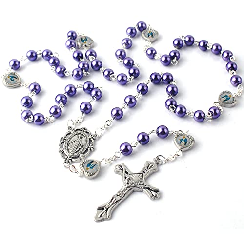 HanlinCC Catholic Miraculous Rosary Glass Pearl Beads Pray Card & Gift Bag - color: Purple