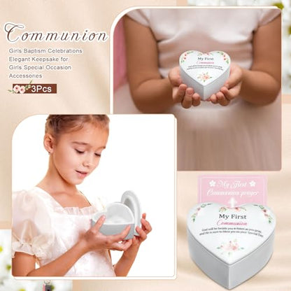 Funtery First Communion Gifts for Girls Ceramic Jewelry Keepsake Box with a Pray Card 1st Holy Communion Gifts for Girls Boys(Heart,Pink)