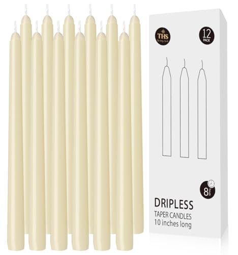 12-Pack Taper Candles (10-Inch) – Dripless & Smokeless Long Burning (8 Hours) – Unscented Hand Poured Wax Candlesticks for Weddings, Dinner Parties, & Home Decor (Ivory) - color: Ivory