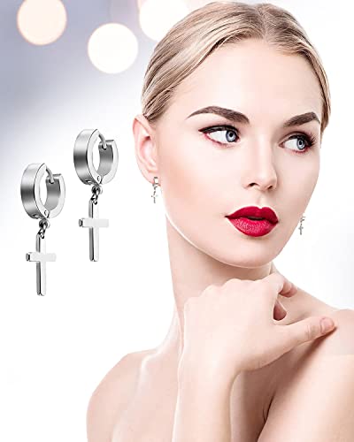 JELIEE 6 Pairs Cross Earrings - Stainless Steel Dangle Hinged Hoop Earrings for Men and Women - Silver, Gold, Black Stud Earrings - Religious Classic Style - 2022 Collection