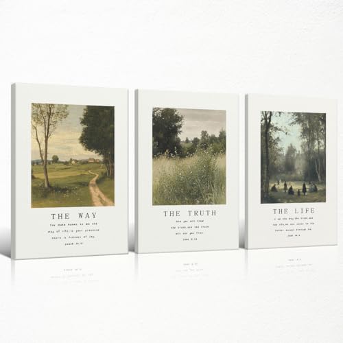 Christian Canvas Wall Art, Religious Scripture The Way The Truth The Life Poster, Set of 3 Bible Verses Print, Biblical Landscape Picture, Modern Spiritual Painting for Prayer 8x12in Wrapped Canvas - color: Set 2-Wrapped, size: 8L" x 12W"