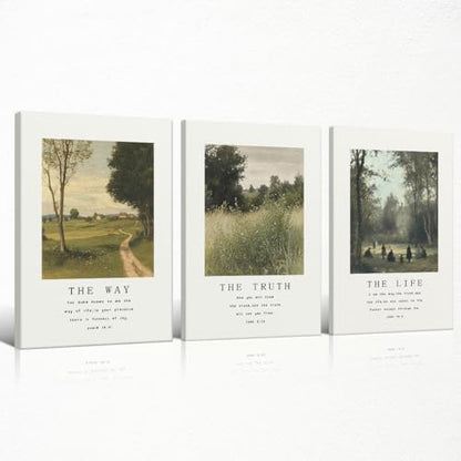 Christian Canvas Wall Art, Religious Scripture The Way The Truth The Life Poster, Set of 3 Bible Verses Print, Biblical Landscape Picture, Modern Spiritual Painting for Prayer 8x12in Wrapped Canvas - color: Set 2-Wrapped, size: 8L" x 12W"