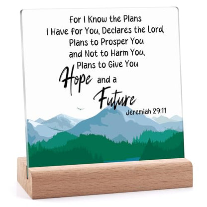 Christian Acrylic Plaque with Wooden Stand Inspirational Gifts Desk Decor Signs Religious Home Decor Encouragement Spiritual Gifts Faith Easter Christmas Bible Verse Prayers Gift for Friend Coworker