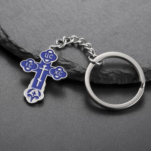 TEAMER Cross Keychain Russian Orthodox Crucifix Eastern Church Keychain Religious Christian Prayer Jewelry for Men Women - color: Blue Silver