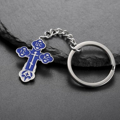 TEAMER Cross Keychain Russian Orthodox Crucifix Eastern Church Keychain Religious Christian Prayer Jewelry for Men Women - color: Blue Silver