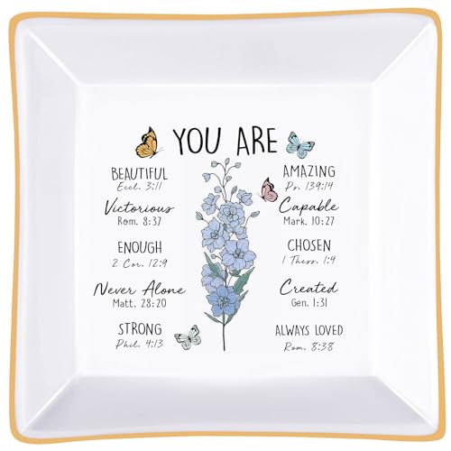 PUDDING CABIN Birthday Gifts for Women, Larkspur Scripture Jewelry Dish, Christian Gifts - style: Larkspur: Positivity, Dignity, Open Heart(July Birth Flower)