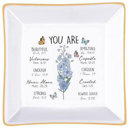 PUDDING CABIN Birthday Gifts for Women, Larkspur Scripture Jewelry Dish, Christian Gifts - style: Larkspur: Positivity, Dignity, Open Heart(July Birth Flower)