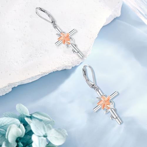 Flower Cross Earrings 925 Sterling Silver Daisy Butterfly Lily Violet Mushroom Dangle Drop Earrings Birth Flower Jewelry for Women Birthday Christmas Gifts - style: Lily Cross