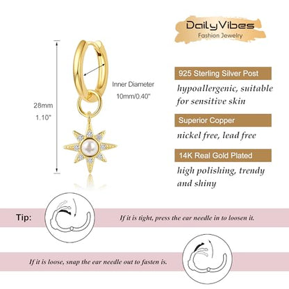 DAILY VIBES Cute Butterfly Star Cross Heart CZ Dangle Earrings for Women - color: Gold North Star CZ