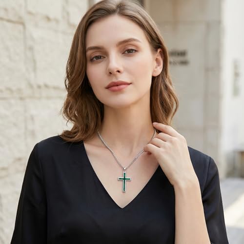 MRENITE Silver Natural Stone Cross Necklace, Classic Latin Cross Pendant Necklace for Unisex Women Man, Vintage Crystal Quartz Cross Necklace with 20+2 Inches Adjustable Cuban Chain - style: Malachite
